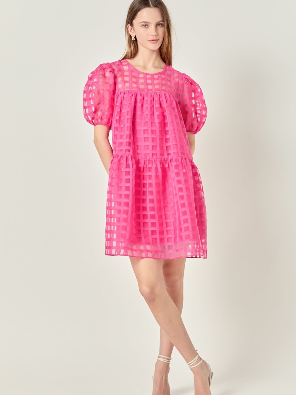 New English Factory Gridded Organza Fuchsia Mini Dress SZ Small